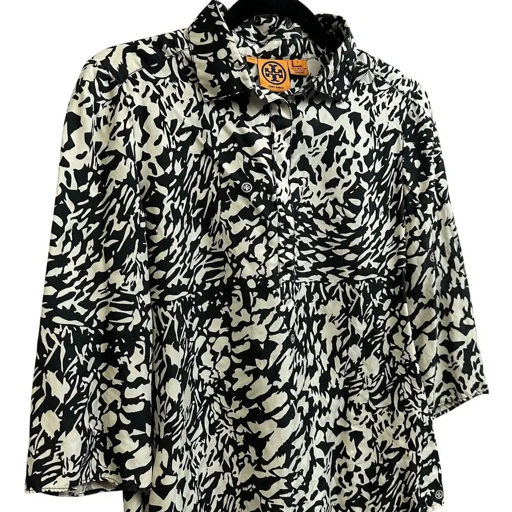Tory Burch Black & White 100% Silk Double T Logo Tunic Shirt Size 6